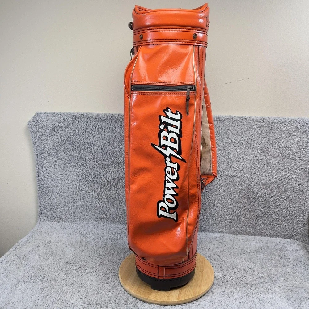 Vintage PowerBilt H & B Staff Golf Carry Bag Mens Orange Faux Leather 6-Way Hood
